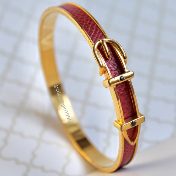 Hermès Ceinture red bracelet lizard leather gold plated bangle jonc authentic - Picture 1 of 16